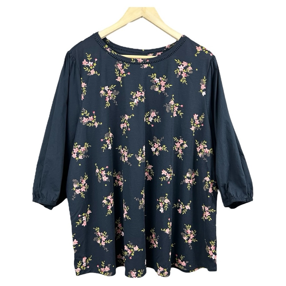 Penningtons Floral Navy Top 3/4 Sleeve Plus Size 2X